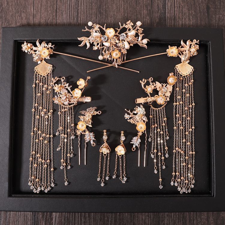 Chinese style hanfu bridal hair accessories suit tassel dragon and phoenix gown ancient style hair accessories wedding Red ancient costume Xiuhe headdress by Trenches of Mariana