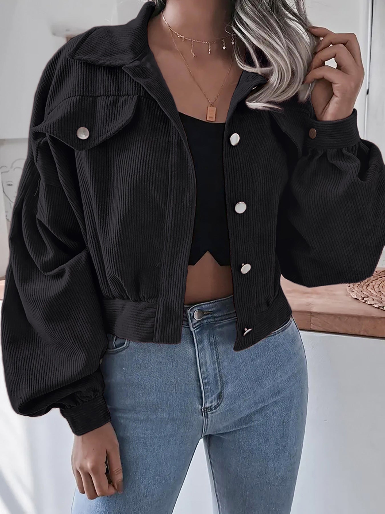 Ins Style Autumn and Winter European and American Lantern Long-Sleeved Corduroy Casual Short Outwear Jacket Amazon Hot Cross-Border Women's Clothing by Trenches of Mariana