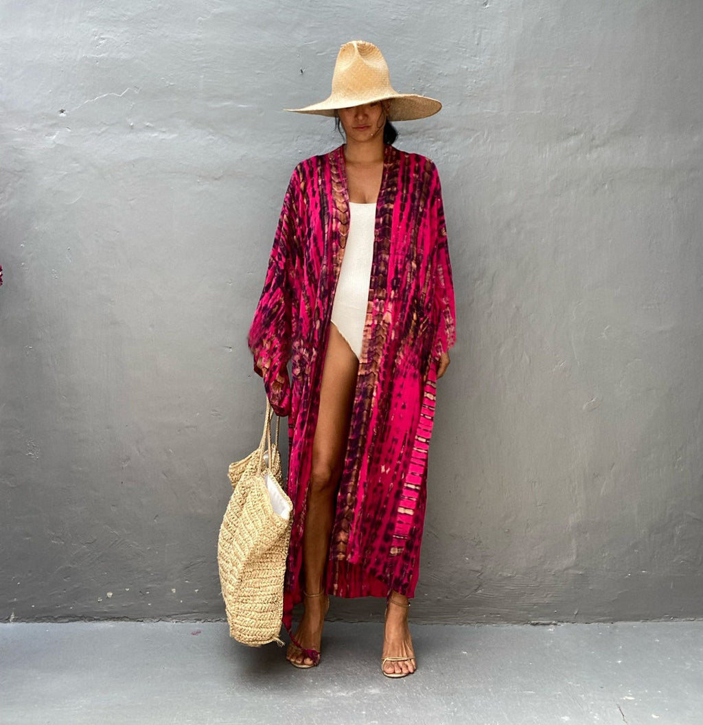 Trenches of Mariana rayon tie-dye beach cover-up with sun protection, loose-fit women's swimsuit outerwear for vacation.