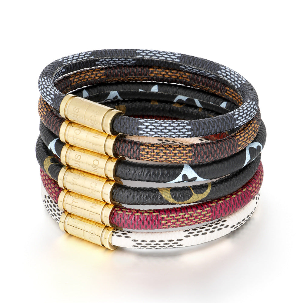 Cross-Border E-Commerce European and American Titanium Steel Lettering Old Pattern Cowhide Rope Bracelet Stainless Steel Magnetic Buckle Male and Female Couple Bracelet by Trenches of Mariana