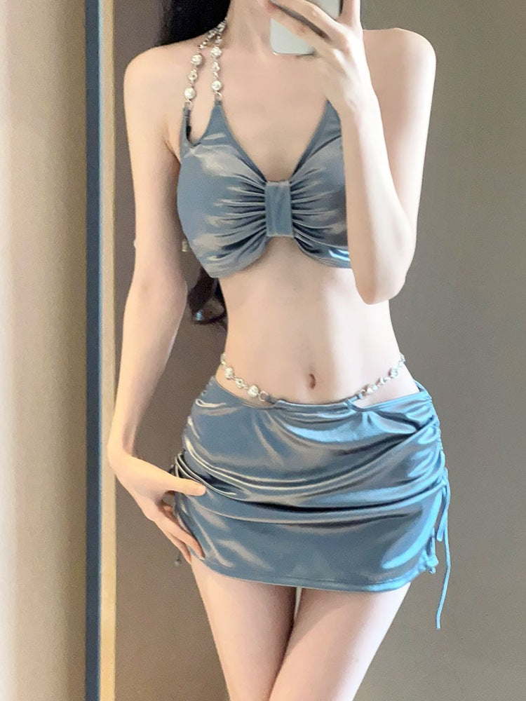 Silver three-piece women's swimsuit set from Trenches of Mariana featuring a sexy high-end bikini for hot spring vacation fashion.