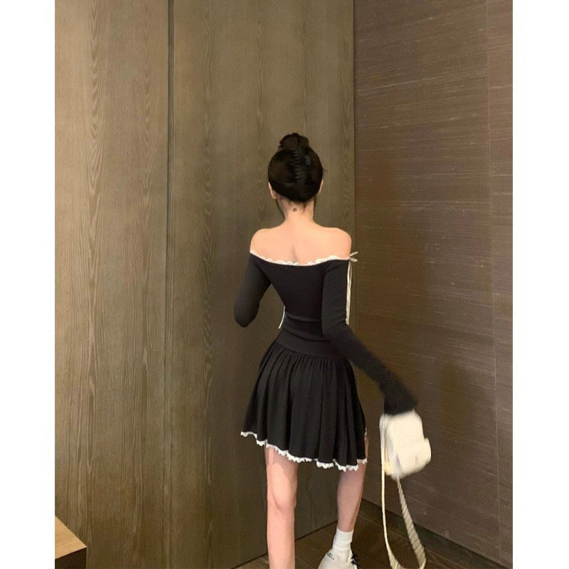 Ballet Style Sexy One-Shoulder Dress for Women Autum Bow Waist A-Line Skirt Elegant Short Skirt by Trenches of Mariana