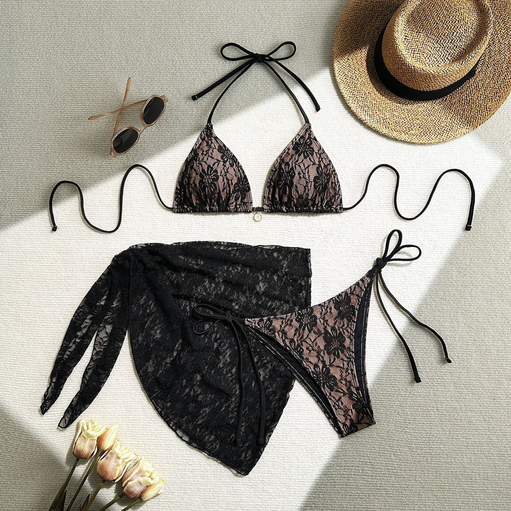 European and American 2025 sexy lace mesh three-piece swimsuit bikini by Trenches of Mariana, featuring a short skirt design.