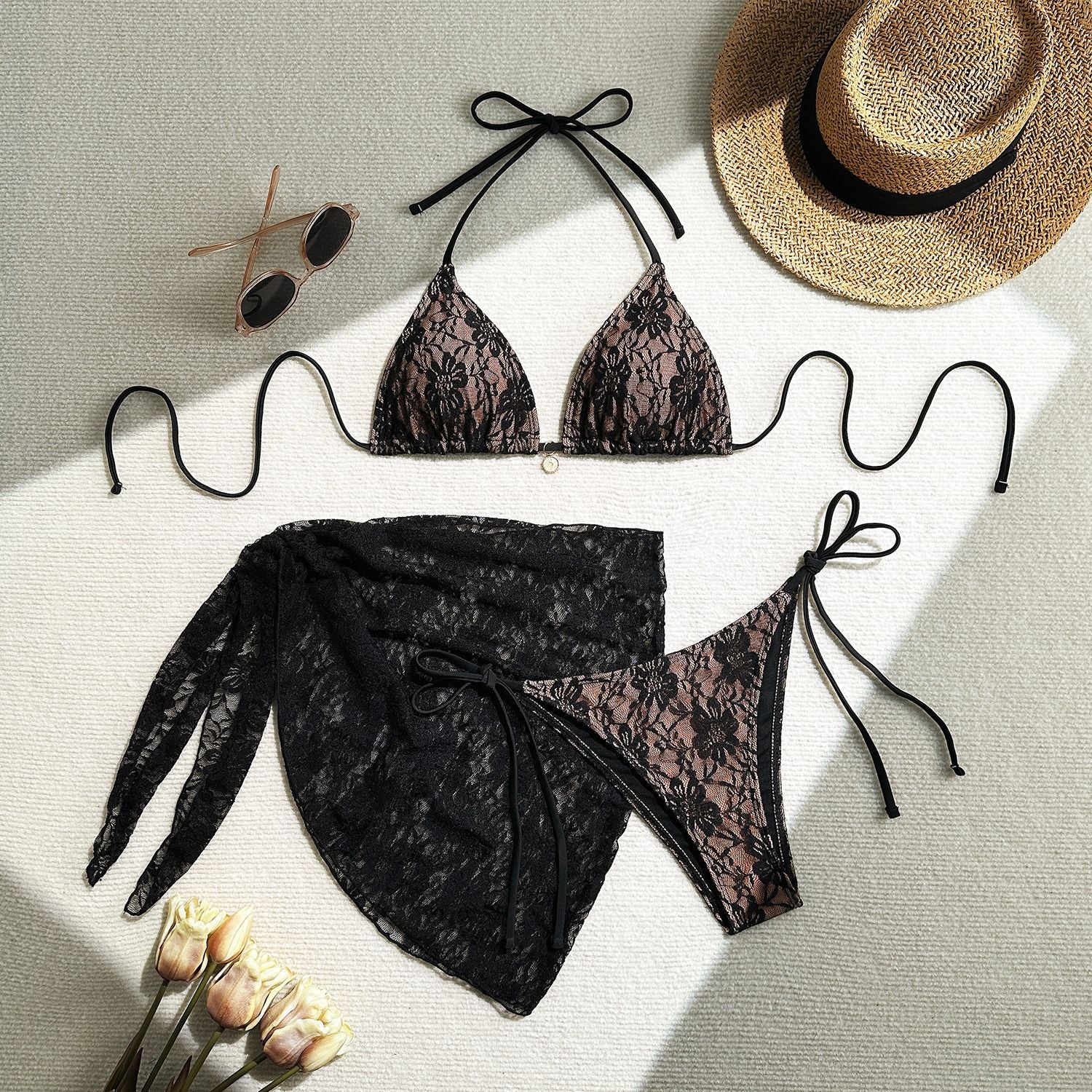 European and American 2025 sexy lace mesh three-piece swimsuit bikini by Trenches of Mariana, featuring a short skirt design.