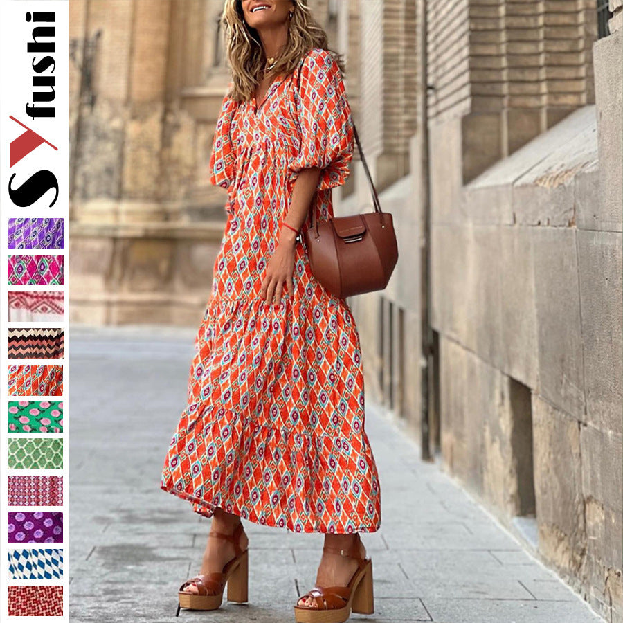 Plus-Size Women's Loose-Fitting Bohemian Round-Neck Lantern-Sleeve Sweet Girl Dress