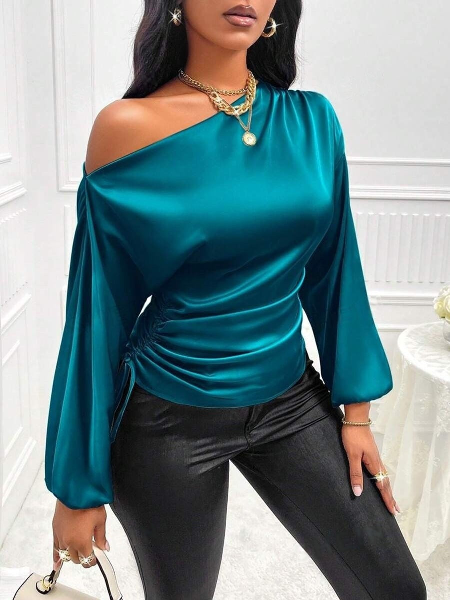 Amazon Cross-Border European and American New Women's Satin Shirt Spring and Summer Asymmetrical Long-Sleeved Slope Collar Shirt Top by Trenches of Mariana