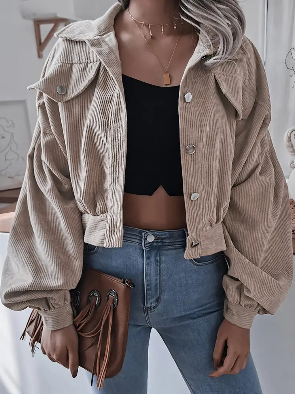 Ins Style Autumn and Winter European and American Lantern Long-Sleeved Corduroy Casual Short Outwear Jacket Amazon Hot Cross-Border Women's Clothing by Trenches of Mariana