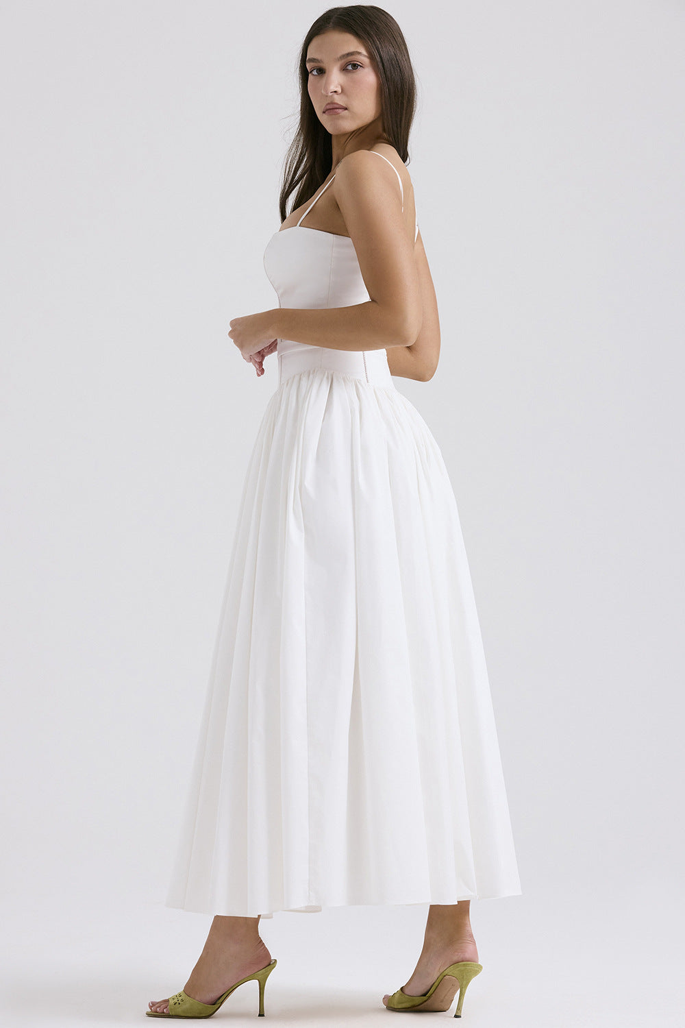 Trenches of Mariana long sleeveless spring dress with spaghetti straps, low neck, printed flared skirt, waist-cinching design for women