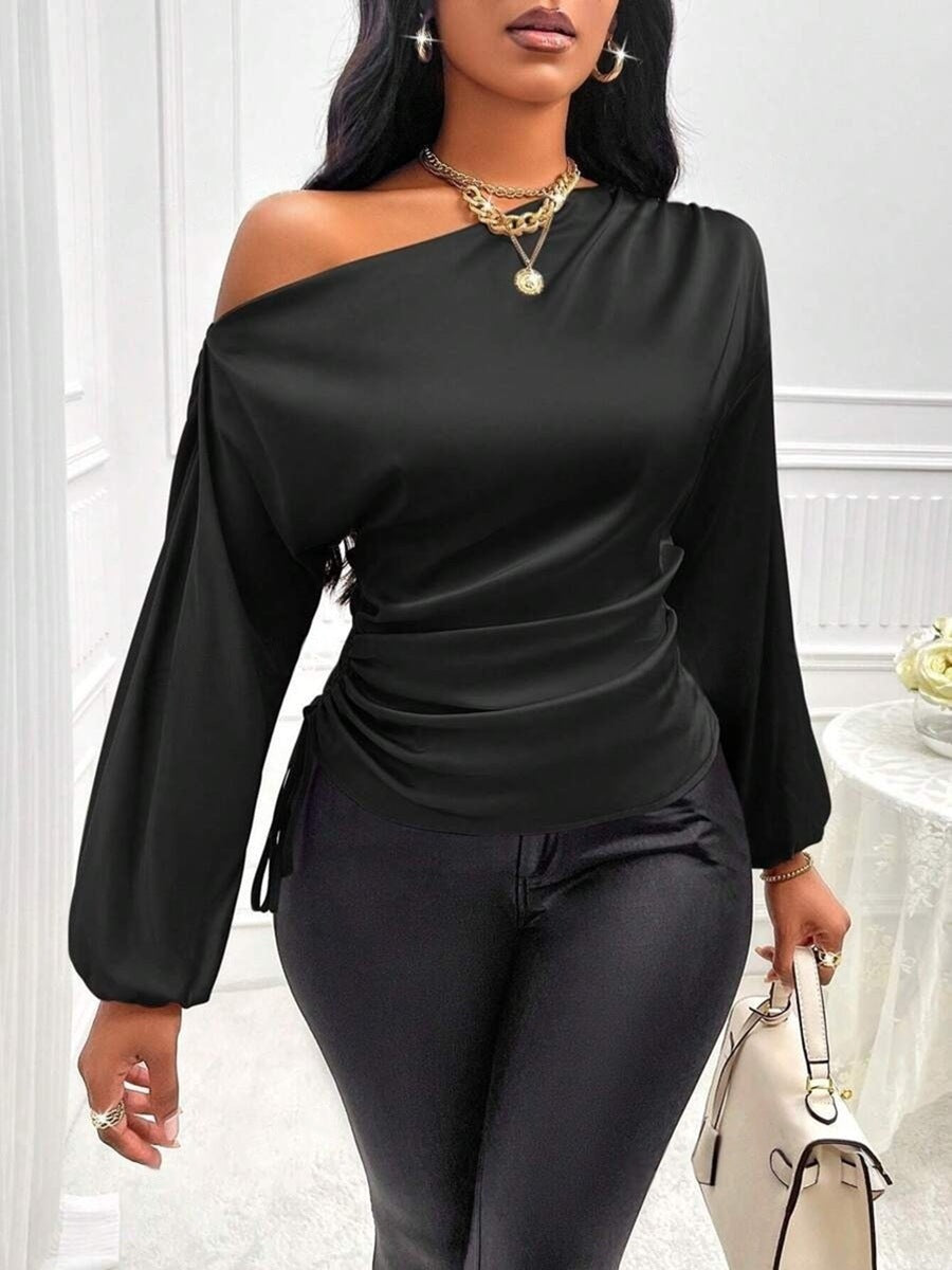 Amazon Cross-Border European and American New Women's Satin Shirt Spring and Summer Asymmetrical Long-Sleeved Slope Collar Shirt Top by Trenches of Mariana