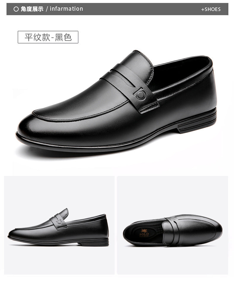 Mens British style bean shoes by Trenches of Mariana, solid color casual leather slip-ons with cowhide, Korean fashion design.