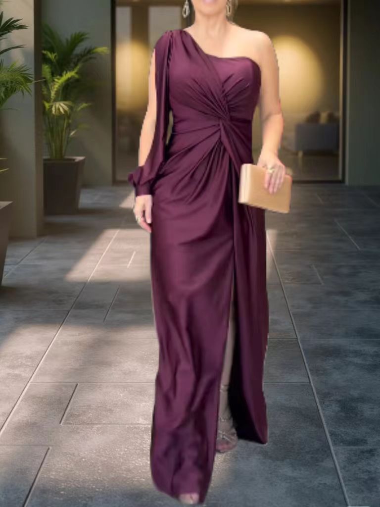 Trenches of Mariana summer slim-fit dress with inclined shoulder knot, solid color, split design, in stock for cross-border sale.