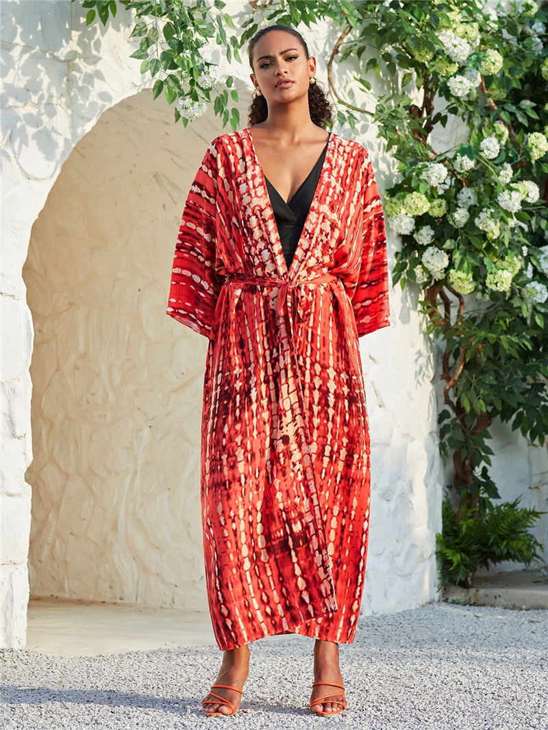 Women’s rayon tie-dye beach cover-up by Trenches of Mariana, loose fit, stylish sun protection, perfect for vacations and swimsuits.