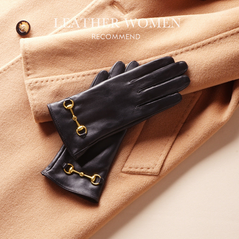 Women's Lambskin Gloves Autumn and Winter fleece-lined Thickened Driving Cycling Cold-proof Warm Touch Screen Hardware Top Layer Sheepskin by Trenches of Mariana