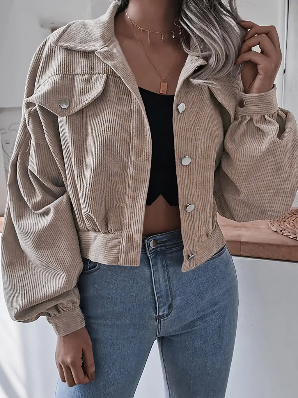 Ins Style Autumn and Winter European and American Lantern Long-Sleeved Corduroy Casual Short Outwear Jacket Amazon Hot Cross-Border Women's Clothing by Trenches of Mariana