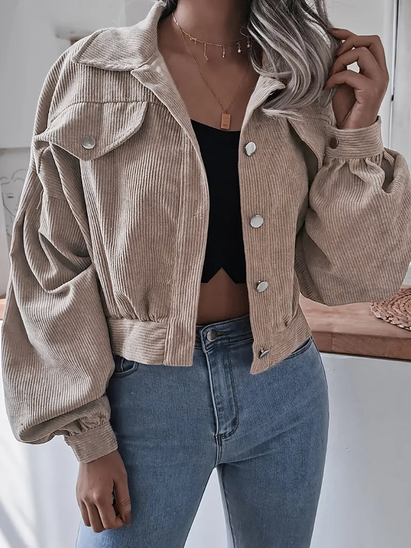 Ins Style Autumn and Winter European and American Lantern Long-Sleeved Corduroy Casual Short Outwear Jacket Amazon Hot Cross-Border Women's Clothing by Trenches of Mariana