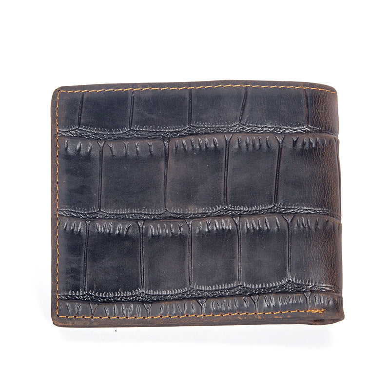 Crazy Horse leather embossed crocodile pattern men's wallet short genuine leather European and American retro wallet horizontal first layer cowhide silver bag by Trenches of Mariana