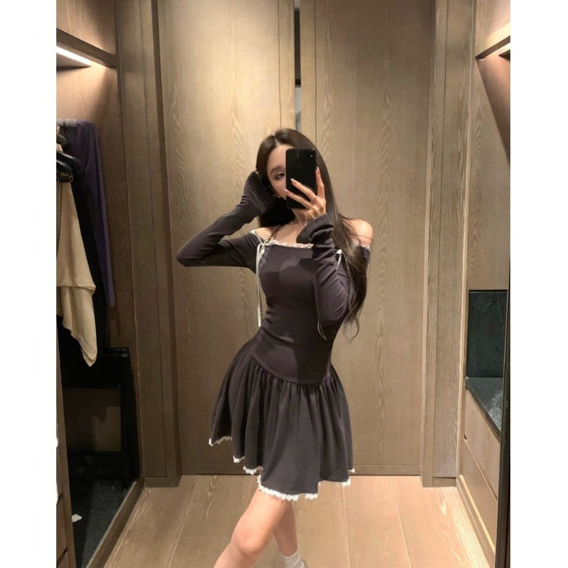 Ballet Style Sexy One-Shoulder Dress for Women Autum Bow Waist A-Line Skirt Elegant Short Skirt by Trenches of Mariana