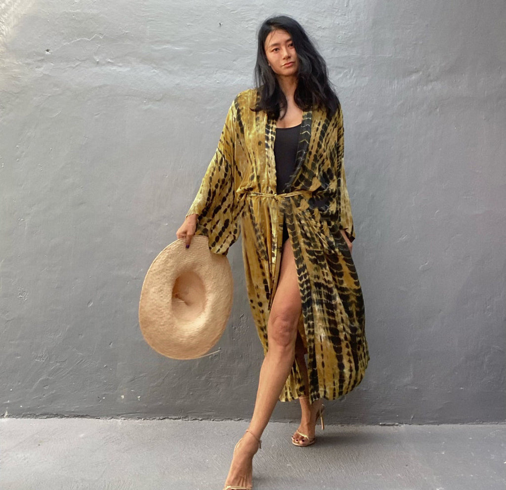 Women’s rayon tie-dye beach cover-up by Trenches of Mariana, loose fit, sun protection, perfect for vacation over swimsuits.