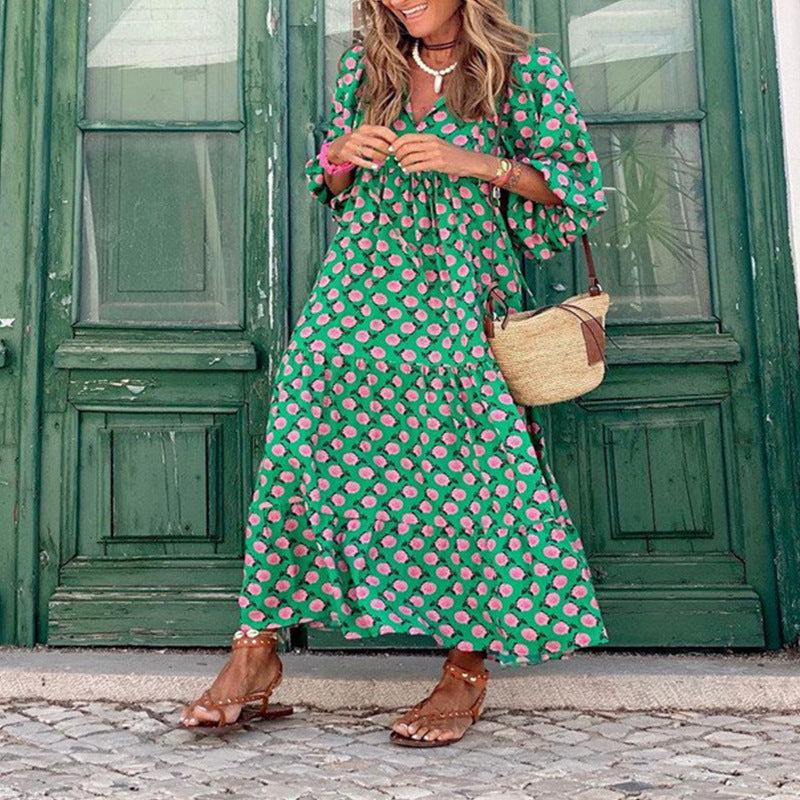Plus-Size Women's Loose-Fitting Bohemian Round-Neck Lantern-Sleeve Sweet Girl Dress