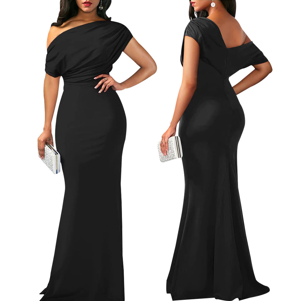 Elegant 2024 spring women's sleeveless off-shoulder long formal dress by Trenches of Mariana, featuring a fitted silhouette and sophisticated design.