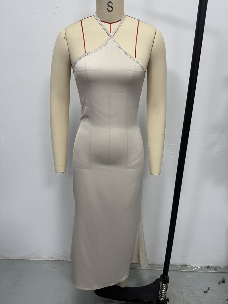 European and American style women's sexy satin evening dress with suspender long skirt, perfect for spring and summer.