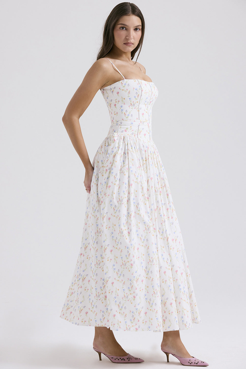 Trenches of Mariana women's 2025 spring sleeveless flared dress with spaghetti straps, printed pattern, and waist cinch.