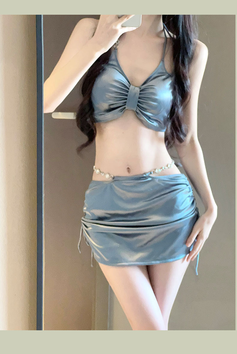 Silver women's three-piece swimsuit set by Trenches of Mariana, stylish hot spring vacation bikini with high-end sexy separates