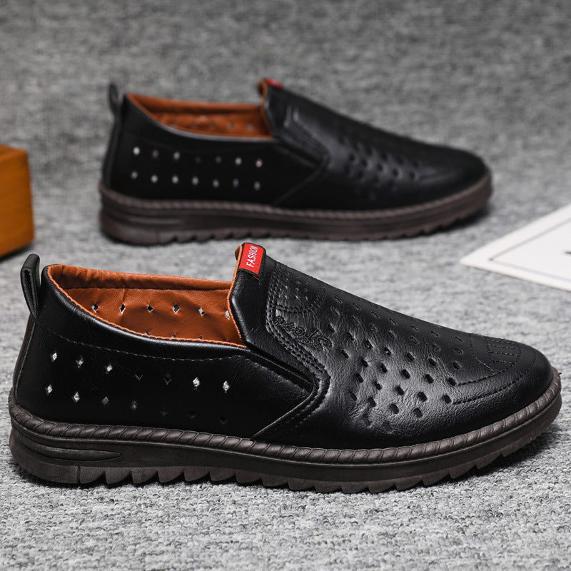 Hollow-Out Leather Shoes for Men, Summer Breathable Soft Leather Low-Top Business Casual Versatile Slip-On Perforated Dad Shoes by Trenches of Mariana