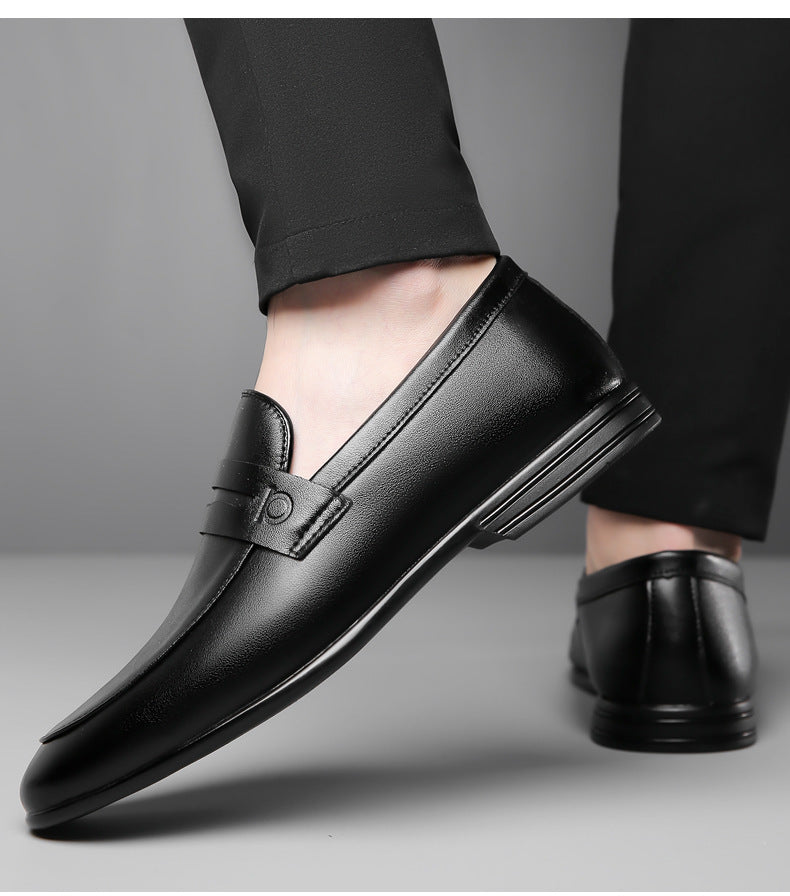 Men's British style bean shoes by Trenches of Mariana, solid color casual leather slip-on shoes with cowhide material.