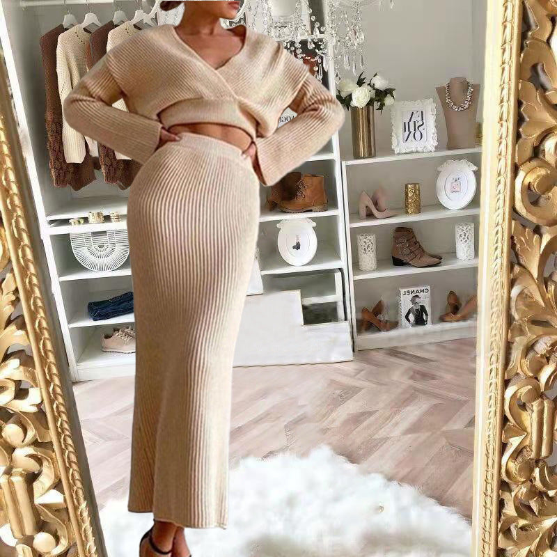 European Long-Sleeved V Neck Casual Three-Quarter Sweater + Mid-Length Skirt for Women Suit