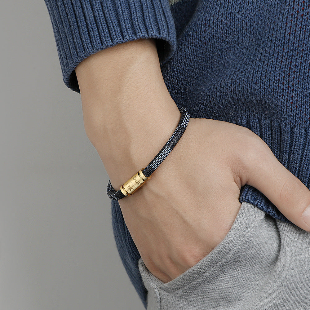 Cross-Border E-Commerce European and American Titanium Steel Lettering Old Pattern Cowhide Rope Bracelet Stainless Steel Magnetic Buckle Male and Female Couple Bracelet by Trenches of Mariana