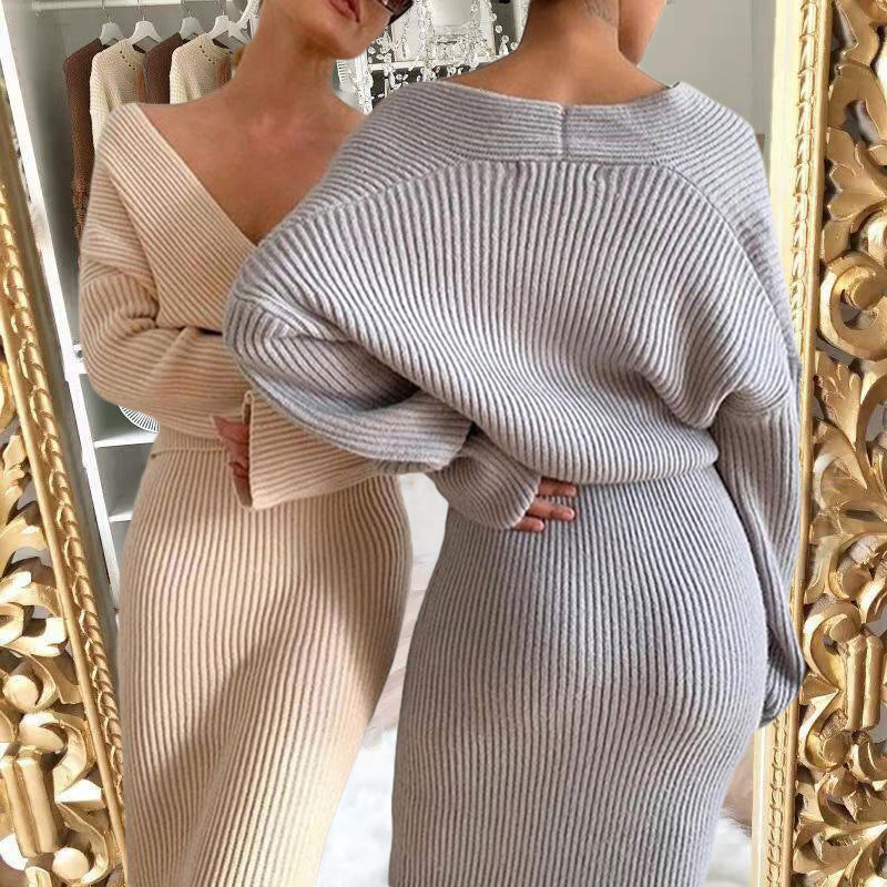 European Long-Sleeved V Neck Casual Three-Quarter Sweater + Mid-Length Skirt for Women Suit