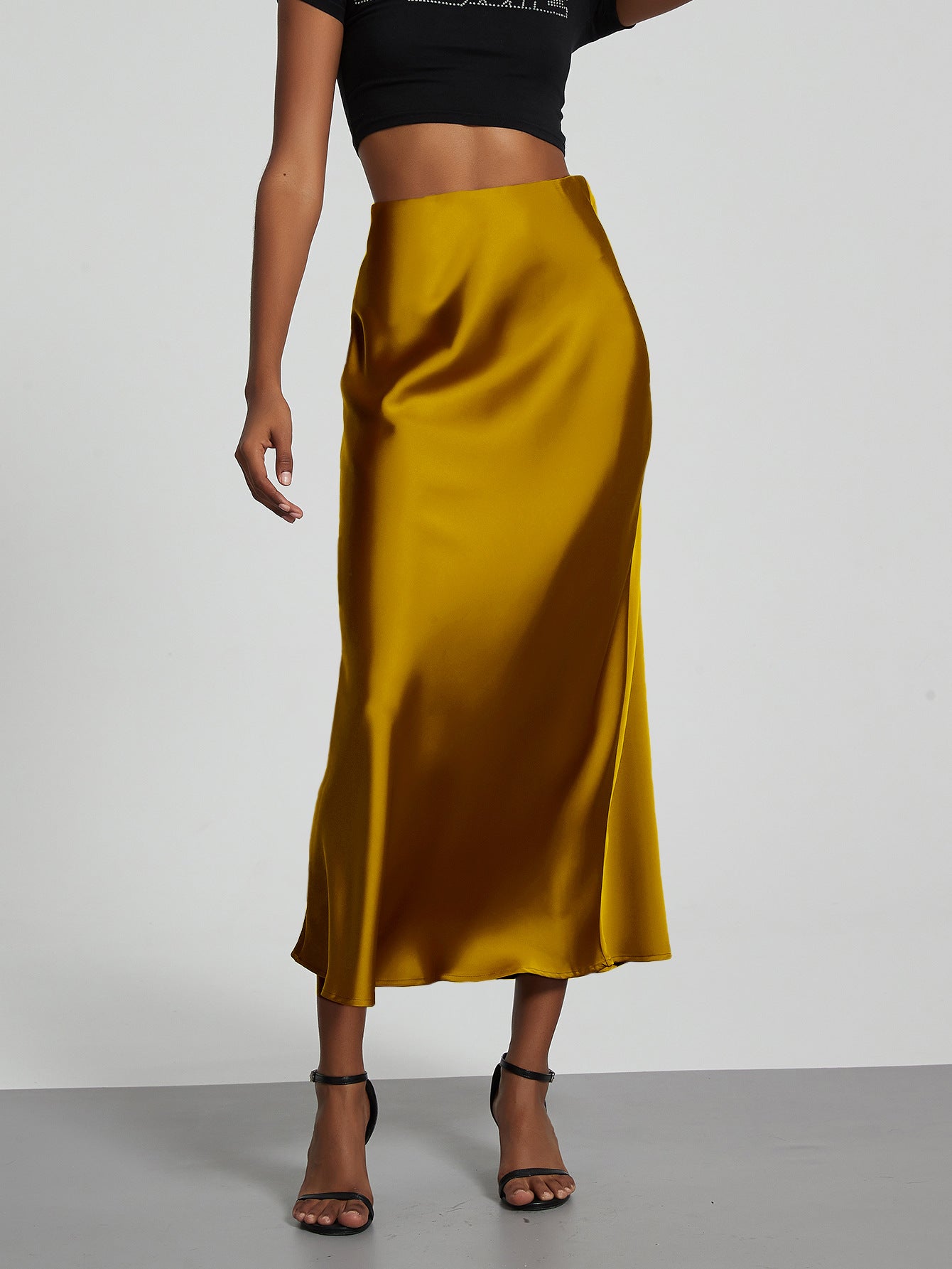 Elegant Satin Midi Skirt Slimming and Flowy