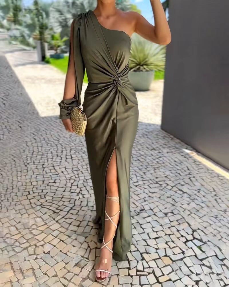 Trenches of Mariana slim fit summer dress with off-shoulder knot detail and split, solid color, in stock for cross-border sale.
