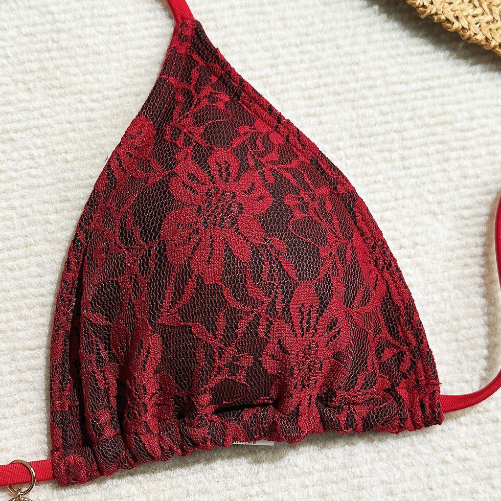 European and American style Trenches of Mariana lace mesh three-piece swimsuit bikini with short skirt, featuring sexy composite fabric.