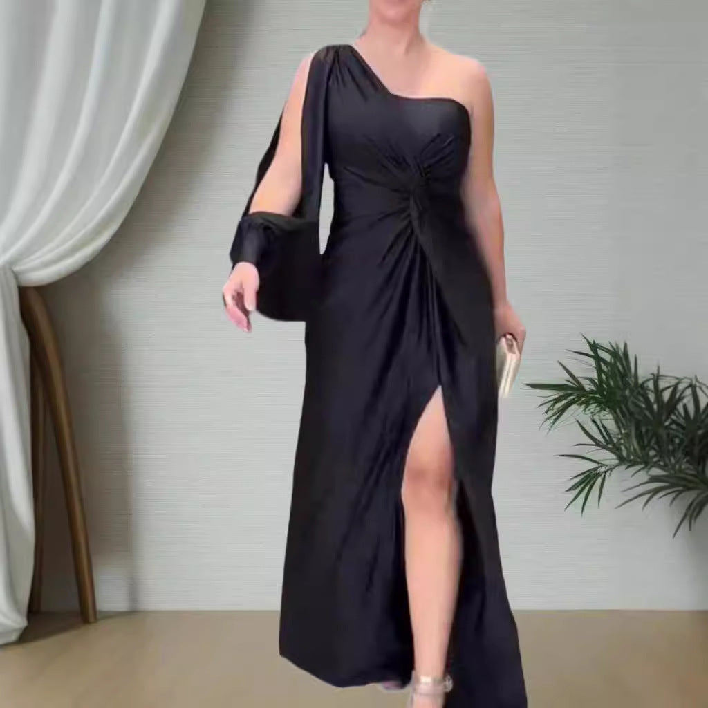 Trenches of Mariana summer slim fit dress with inclined shoulder knot and split design in solid color, in stock for hot sale.