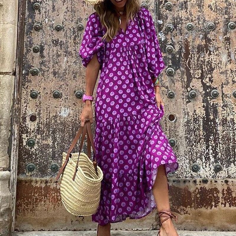 Plus-Size Women's Loose-Fitting Bohemian Round-Neck Lantern-Sleeve Sweet Girl Dress