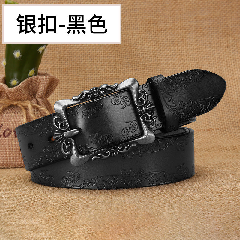 Cross-border European and American Women's Retro Belt Embossed Pattern Pin Buckle Belt Women's Ins Style All-match Simple Casual Pants Belt by Trenches of Mariana