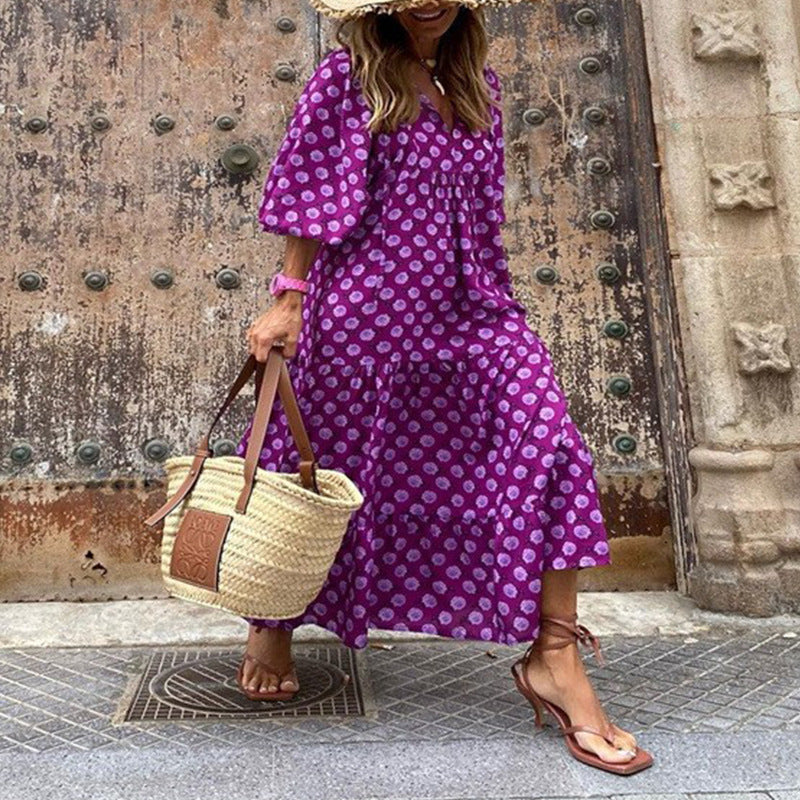 Plus-Size Women's Loose-Fitting Bohemian Round-Neck Lantern-Sleeve Sweet Girl Dress