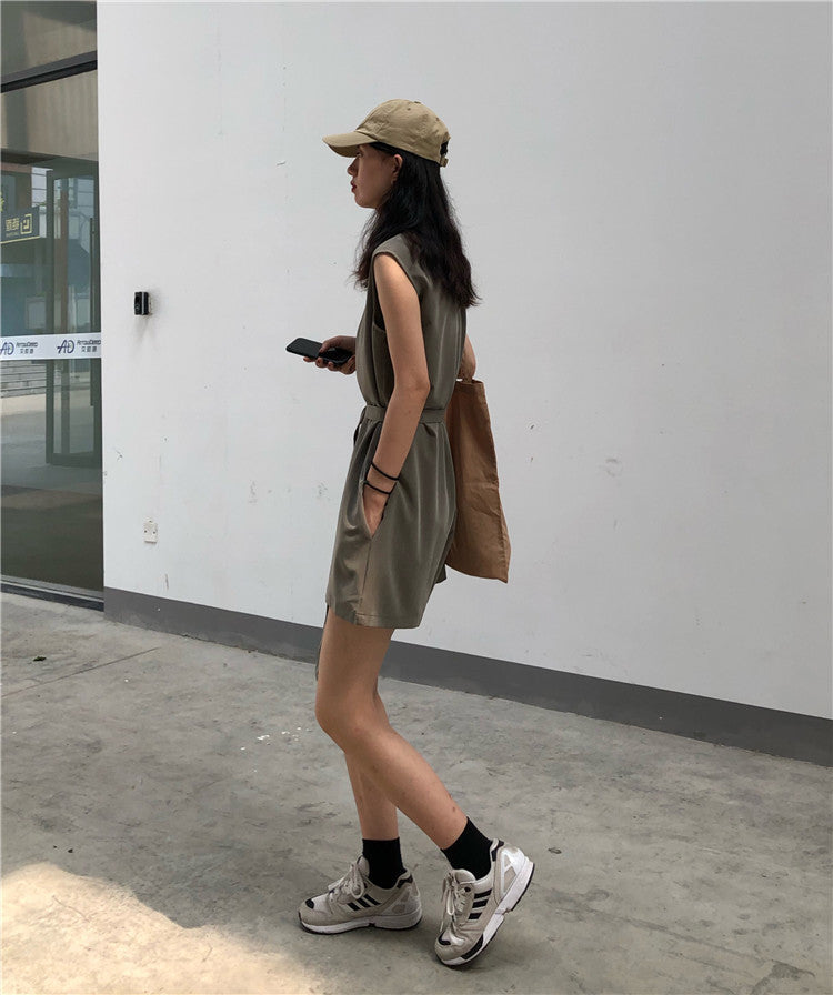 Casual streetwear jumpsuit for women by Trenches of Mariana, featuring a loose two-piece Hong Kong style student-inspired design.