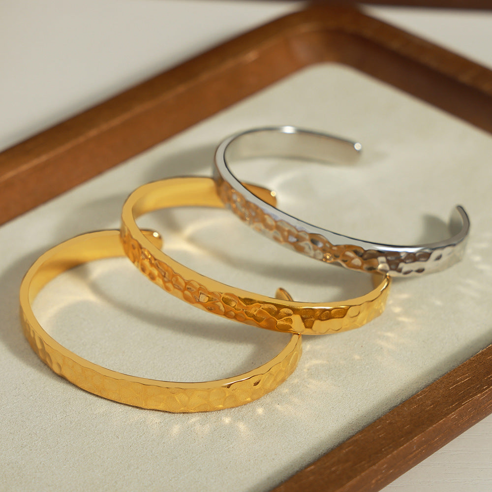 Hammered Texture Design Titanium Steel Gold-Plated Open Bracelet