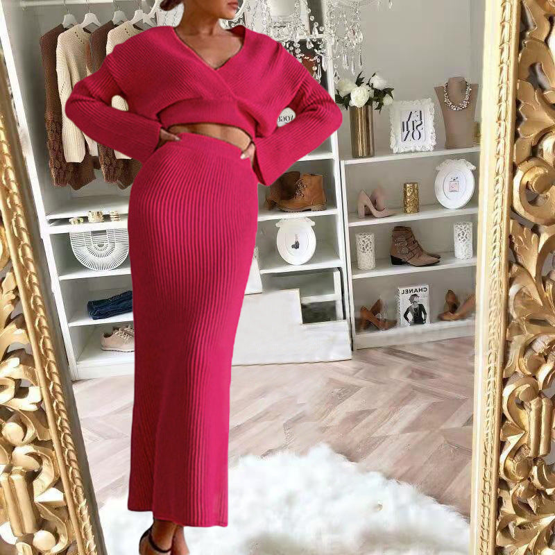 European Long-Sleeved V Neck Casual Three-Quarter Sweater + Mid-Length Skirt for Women Suit