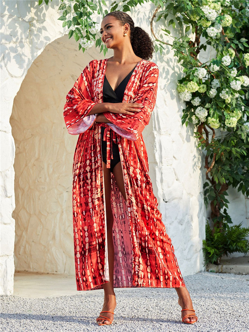 Trenches of Mariana women's rayon tie-dye beach cover-up with sun protection, loose fit, ideal for vacation over swimsuits.