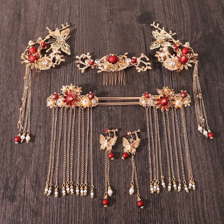 Chinese style hanfu bridal hair accessories suit tassel dragon and phoenix gown ancient style hair accessories wedding Red ancient costume Xiuhe headdress by Trenches of Mariana