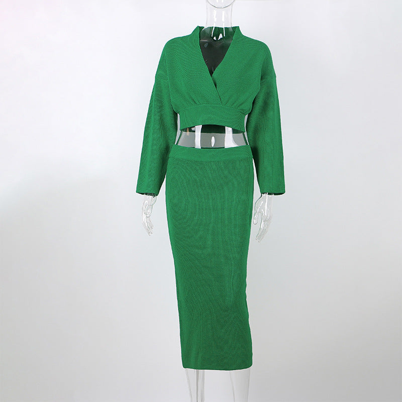 European Long-Sleeved V Neck Casual Three-Quarter Sweater + Mid-Length Skirt for Women Suit