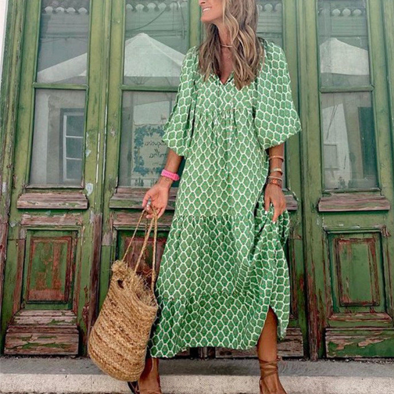 Plus-Size Women's Loose-Fitting Bohemian Round-Neck Lantern-Sleeve Sweet Girl Dress