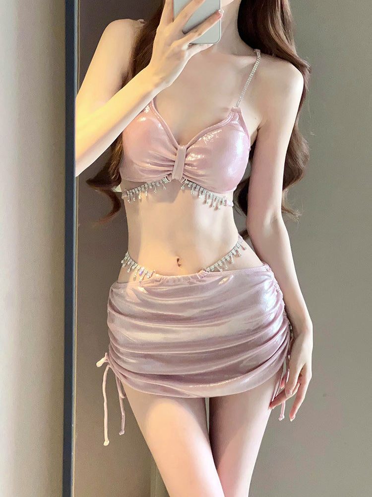 Trenches of Mariana 2025 female bikini swimsuit with rhinestones, three-piece set, high-end design, seaside resort style, split design