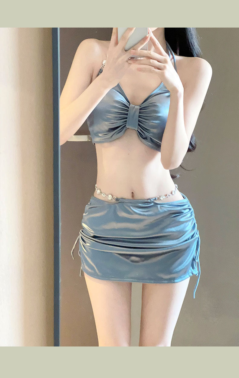 Silver women’s three-piece swimsuit set by Trenches of Mariana featuring a stylish bikini for hot spring vacation fashion.