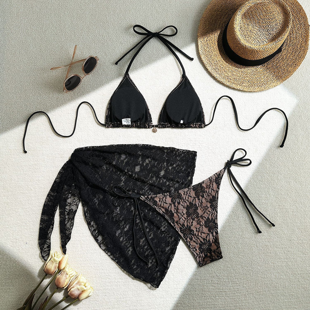 European and American lace bikini set by Trenches of Mariana with mesh short skirt and three-piece design for stylish swimwear.