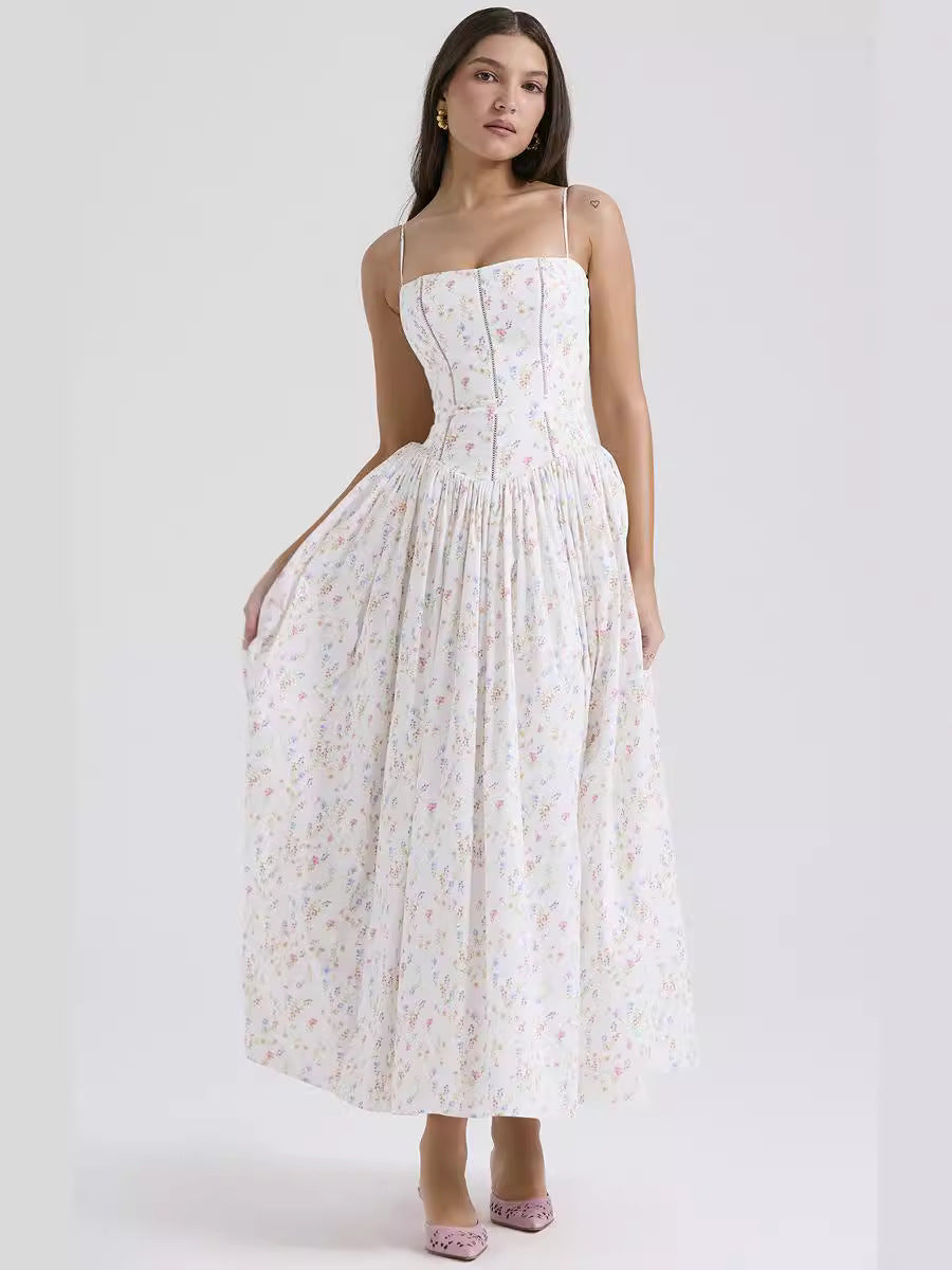Trenches of Mariana long sleeveless printed flared skirt dress with spaghetti straps and low neckline, spring fashion for women.